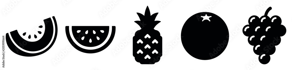 Obraz premium Fruit icons set. Healthy eating and fresh produce concept. Includes watermelon slice, pineapple, orange, grapes. Solid black silhouette style