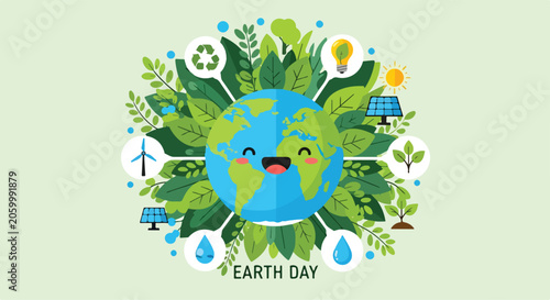 A smiling Earth surrounded by leaves and eco-friendly symbols