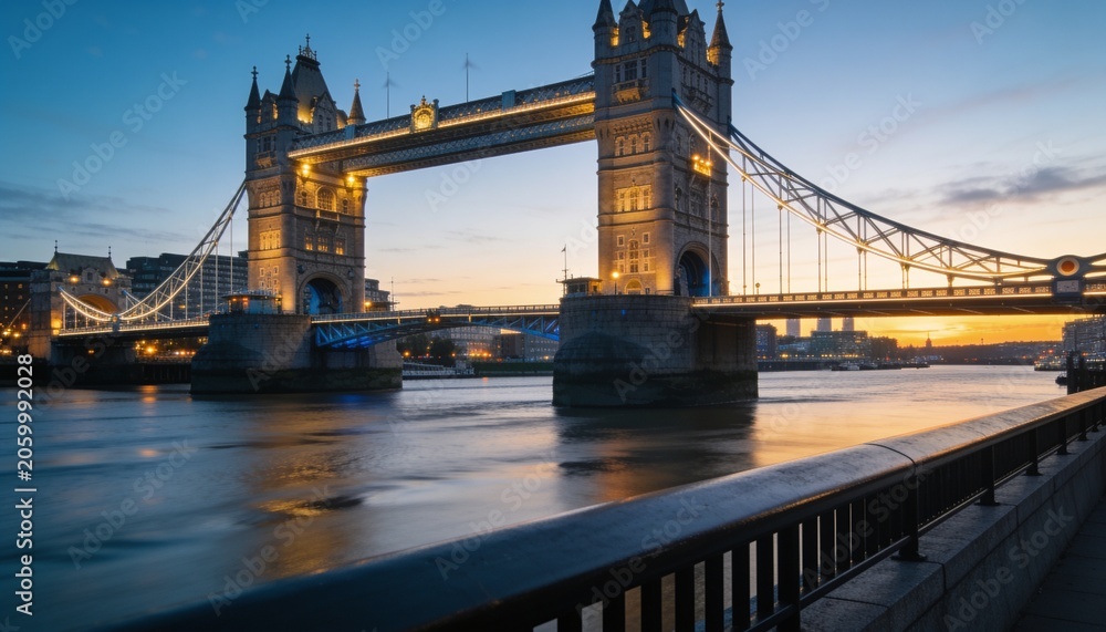 Fototapeta premium Glowing Tower Bridge spanning River Thames at dusk, upper walkway and suspension cables reflecting