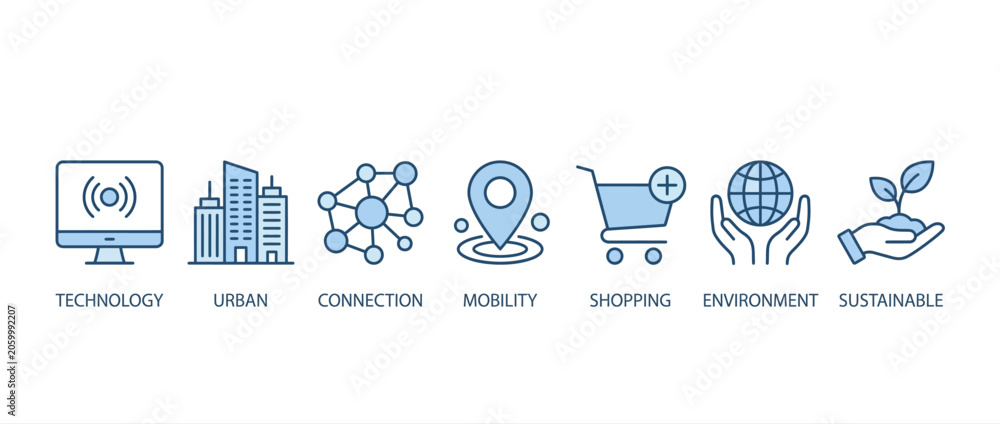 Fototapeta premium Set of thin line icons for smart city, technology, urban development, and sustainable environment