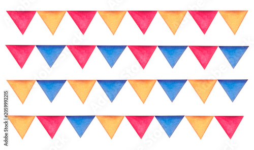 Set of colorful garland of red, blue and yellow flags hand-drawn watercolor 