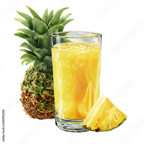 Watercolor pineapple juice in glass with fresh tropical pineappl
