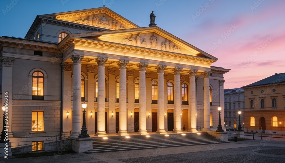 Obraz premium Showcasing grand neoclassical building glowing at dusk on paved plaza, with six Corinthian columns