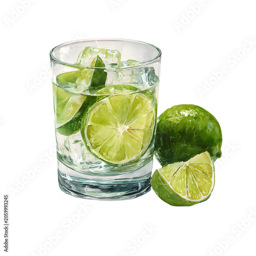 Watercolor lime juice in glass with fresh citrus slices isolated