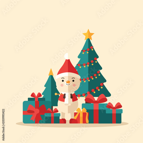 A smiling snowman decorates a Christmas tree