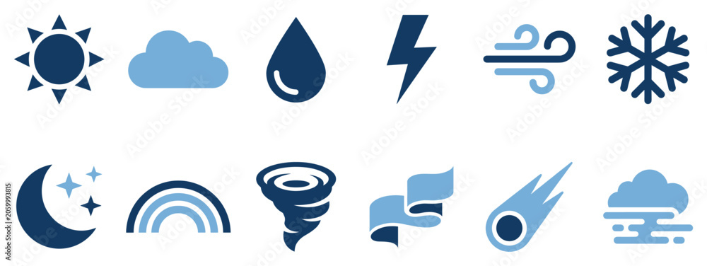 Fototapeta premium Weather icons set. Meteorology and climate forecast concept. Includes sun, cloud, raindrop, lightning, wind, snowflake, moon, rainbow, tornado, comet, fog. Flat and solid style