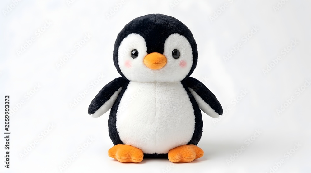 Obraz premium : Cute Plush Penguin Soft Toy Standing on White Background Fluffy Stuffed Animal with Black Head White Eye Patches Orange Beak