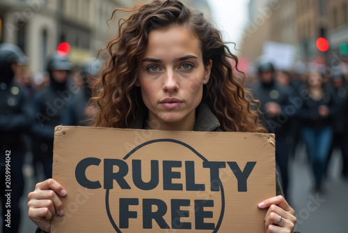 Woman Holding Cruelty Free Sign At Protest. Animal Welfare And Ethical Lifestyle Concept. Activism Movement.