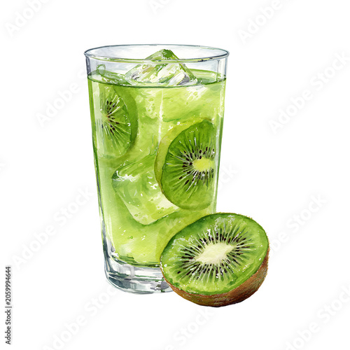 Watercolor lemon juice in clear glass with citrus slices isolate