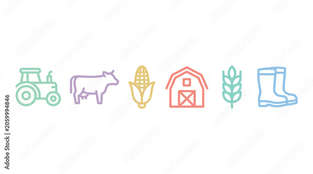 Fototapeta premium Colorful farming agriculture icons representing rural life and harvest elements, including a tractor, cow, corn, barn, wheat, and boots.