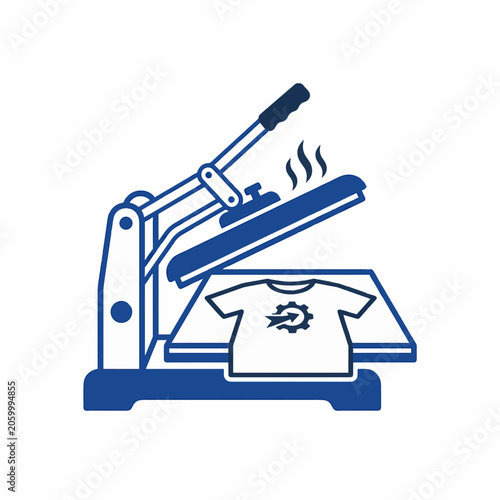 Blue icon of a heat press machine with a t-shirt and a gear logo being pressed.