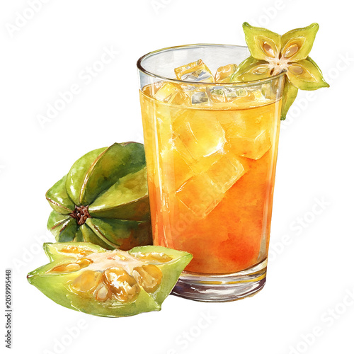 Watercolor starfruit juice with tropical fruit and refreshing ic