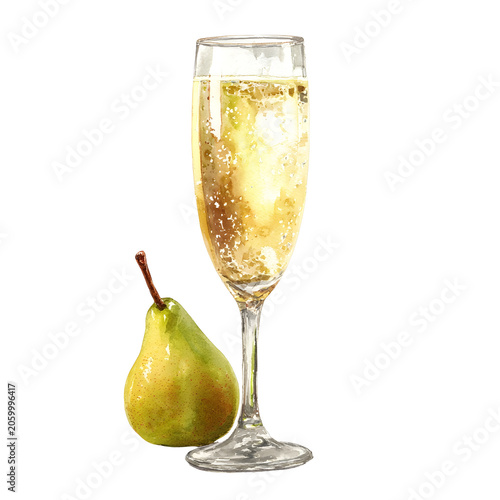Watercolor pear sparkling juice in elegant glass isolated on whi