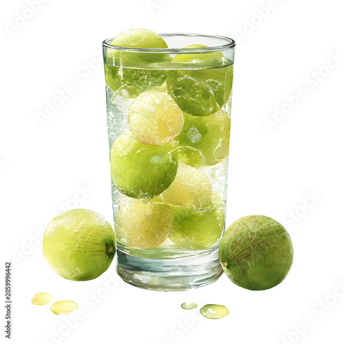 Watercolor gooseberry juice in tall glass with fresh green fruit