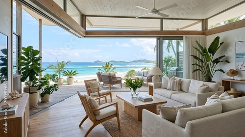 Interior of modern beach house with ocean view