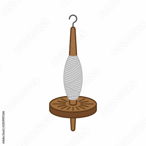A cartoon illustration of a brown drop spindle with a whorl and hook, featuring light gray thread wrapped around its shaft, set against a white background.