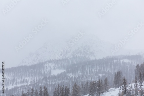 Snow-covered mountain landscape shrouded in fog