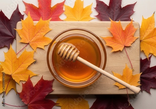 Golden Honey in Glass Bowl with Wooden Dipper Surrounded by Vibrant Autumn Maple Leaves