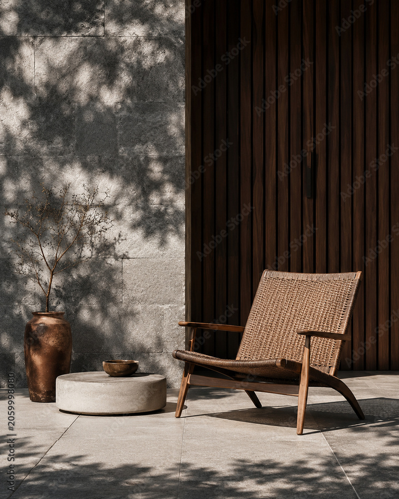 Fototapeta premium Sunlit Wabi Sabi Patio with Rattan Lounge Chair and Textured Stone Wall