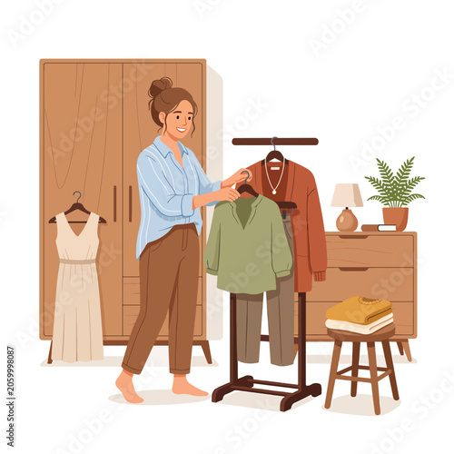 Woman choosing clothes in bedroom.