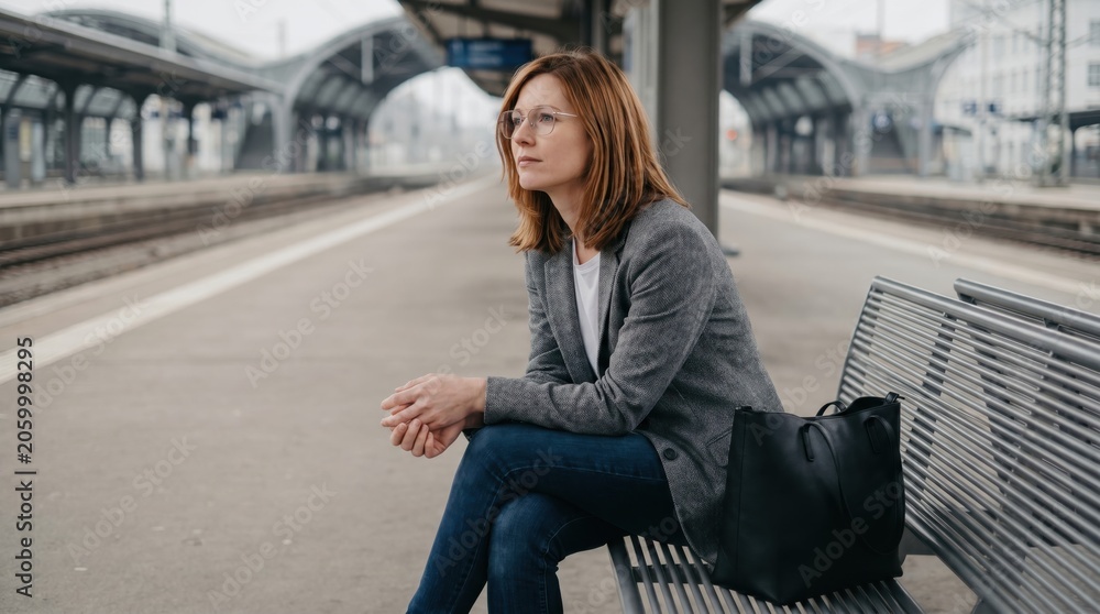 Fototapeta premium Woman Waiting at Train Station Platform for Her Next Journey.