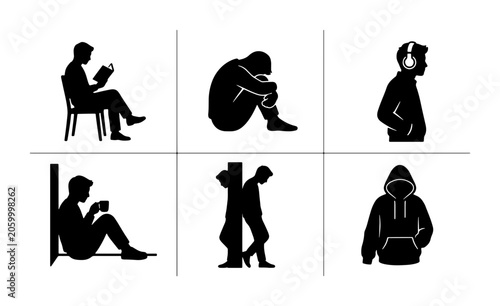Foto Silhouette Icons: Solitary Figures, Contemplative Poses, Urban Isolation, and Pe