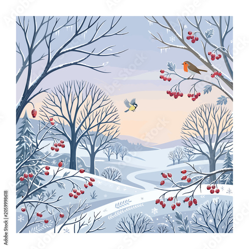 Winter landscape with snow and trees.