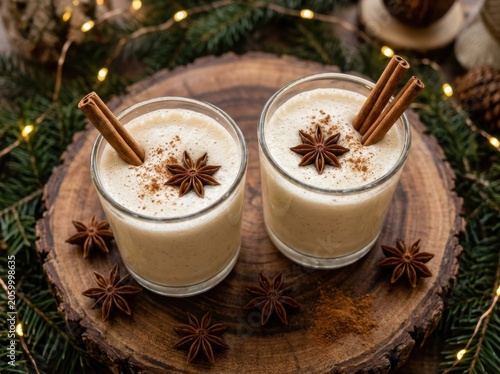 Two glasses of creamy eggnog with cinnamon sticks and star anise garnishes on a rustic wooden surface, perfect for festive holiday celebrations.