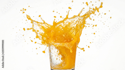 Fresh Orange Juice Splash with Dynamic Citrus Liquid Wave and Juicy Orange Slice Isolated on White Background Refreshing Healthy Fruit Beverage Concept