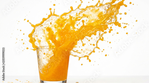 Fresh Orange Juice Splash with Vibrant Yellow Liquid Wave and Citrus Slice Isolated on White Background Refreshing Healthy Fruit Drink Concept