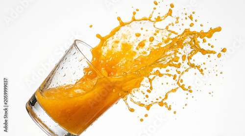 Fresh Orange Juice Splash Isolated on White Background with Dynamic Citrus Liquid Drops Vibrant Yellow Wave Refreshing Healthy Fruit Drink and Juicy Orange Slice