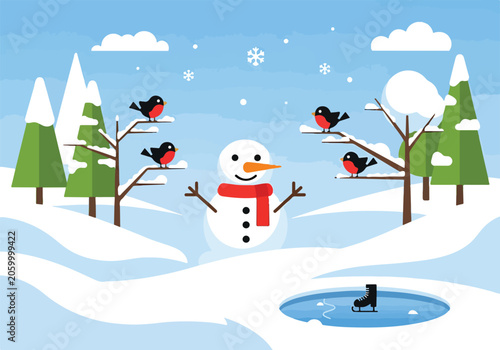 A snowman with a red scarf and birds on trees