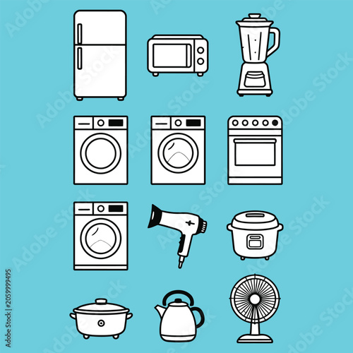 Kitchen and laundry appliances icon pack with washing machine dryer fridge and microwave oven