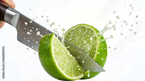 Lime cut in half on a chopping board with a knife showing fresh juicy citrus fruit juice and slices