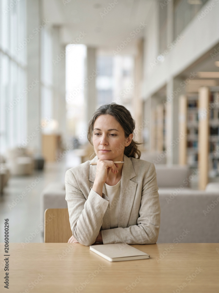 Obraz premium Professional woman contemplating ideas with pen and notebook in bright modern library
