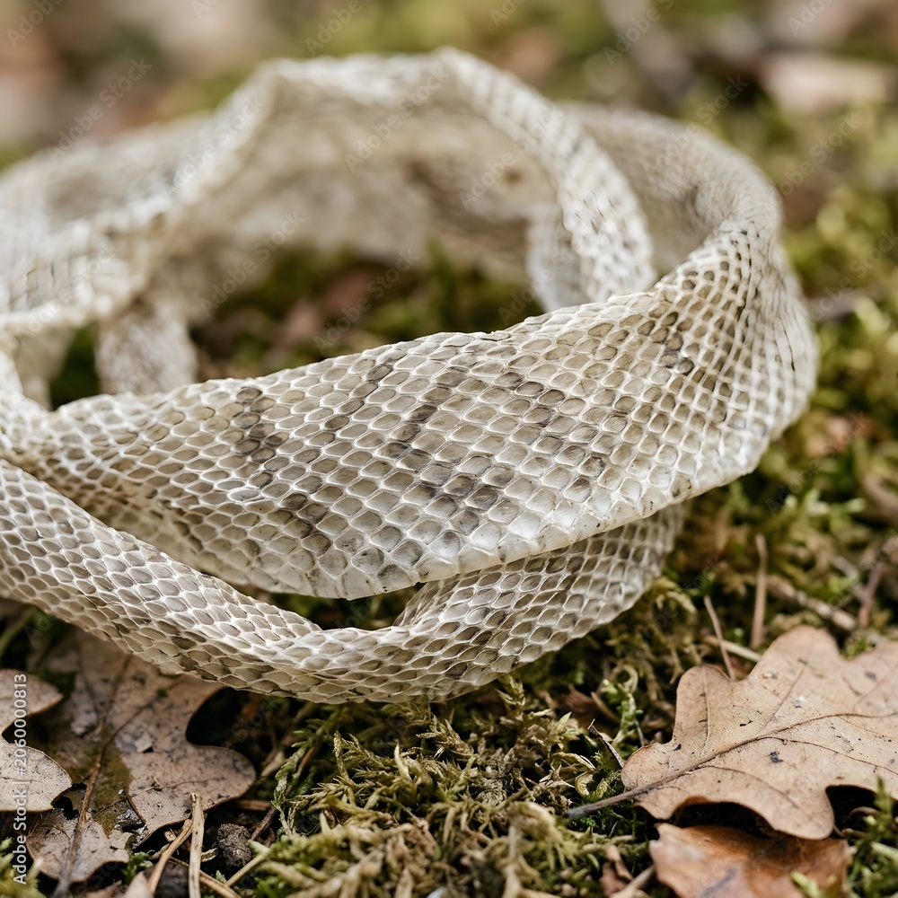 Obraz premium Macro texture of dry shed snakeskin on forest moss and autumn leaves