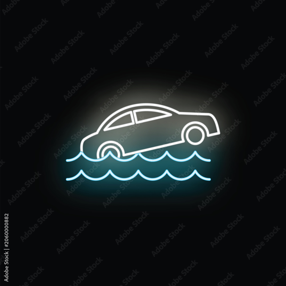 Naklejka premium Car line art icon depicting a vehicle submerged in water with a neon light glow