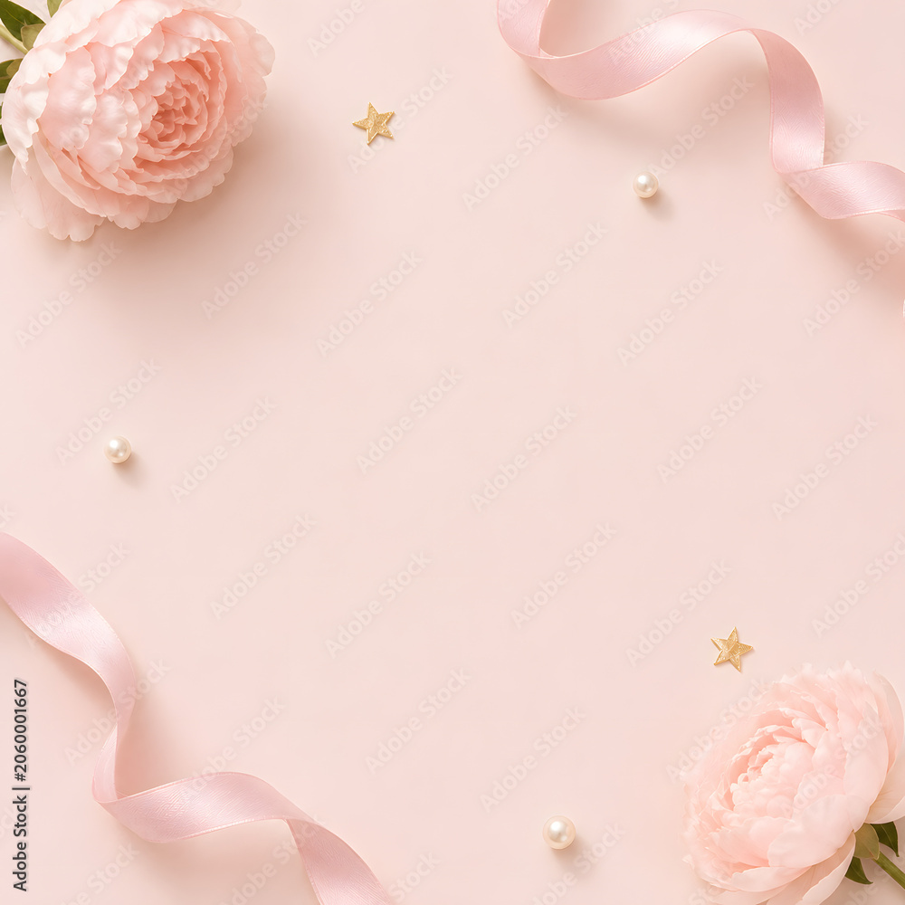 Fototapeta premium Elegant pink floral background with peonies, ribbons, and pearls, flat lay copy space for wedding and celebration