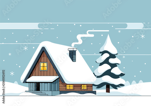 A snowy house with a tree