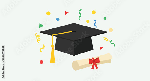 A graduation cap and scroll with confetti (1)