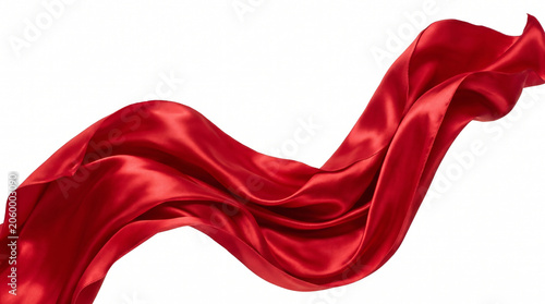 Red satin silk fabric background with flowing drapery waves, smooth luxurious texture, soft curves, elegant red textile backdrop