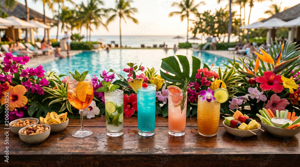 Fototapeta premium A row of colorful summer cocktails, snacks, and elegant floral decor lined up on a poolside bar, creating a minimalist festive atmosphere
