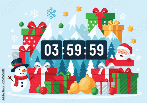 A snowy scene with gifts and timer