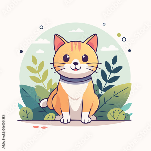 Cute Cartoon Cat Sitting in Nature
