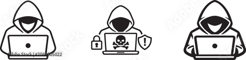 Computer hacker and spy agent icon with laptop. Editable stroke vector symbol in flat design style.