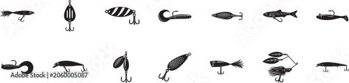 Foto Fishing bait and lure icon set for angling, sport fishing, tackle gear and outdoor recreation