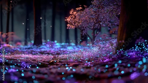 Fantasy, mysterious, wallpaper. A vivid, atmospheric portrayal of a forest at night. The scene is bathed in a soft, ethereal light that casts a gentle glow on the forest floor.