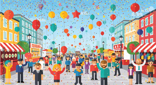 Colorful illustration of a lively street festival with people