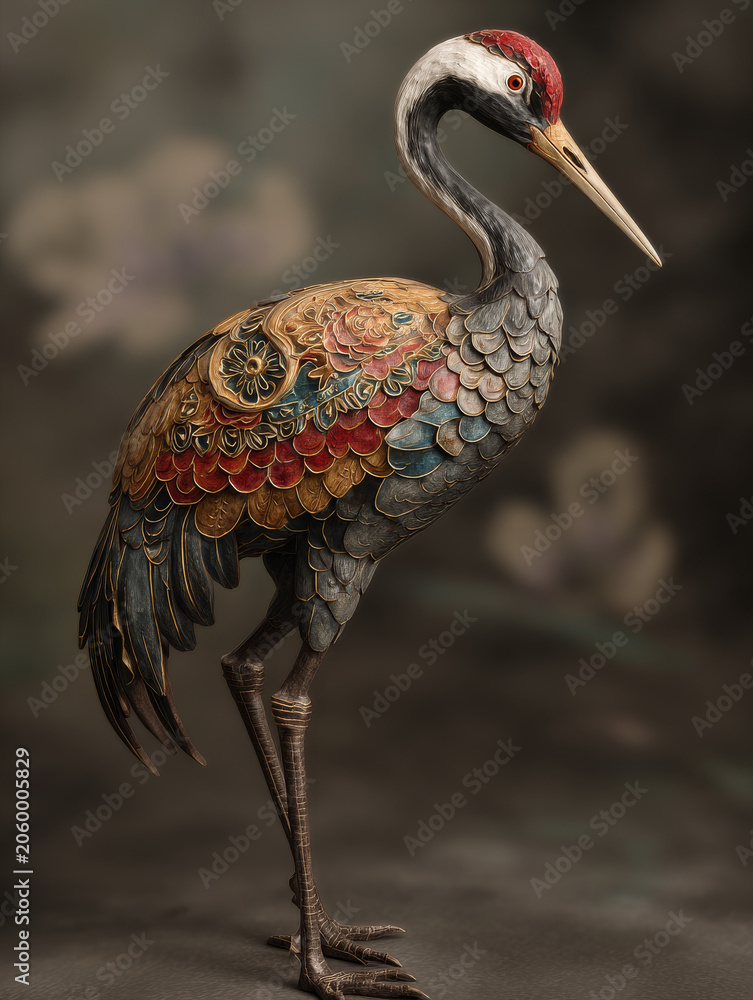 Obraz premium Detailed and colorful metal crane sculpture with intricate patterns and textures stands gracefully against blurred background, evoking elegance