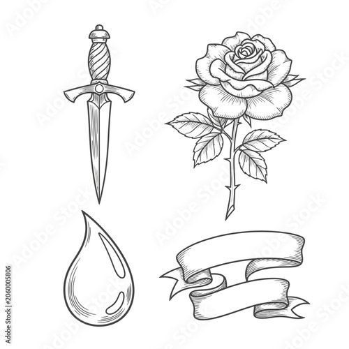 Hand drawn sketch of a dagger rose drop and ribbon